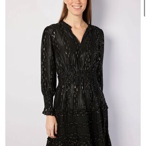 NWT Sail to Sable Black & Gold Lurex Smocked Waist Midi Dress XS